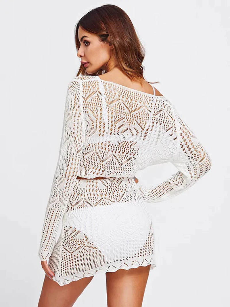 STNCY Alejandra Sexy Lace Crochet Beach Dress Women White See through Swimwear Swimsuit Cover up Mini Dresses