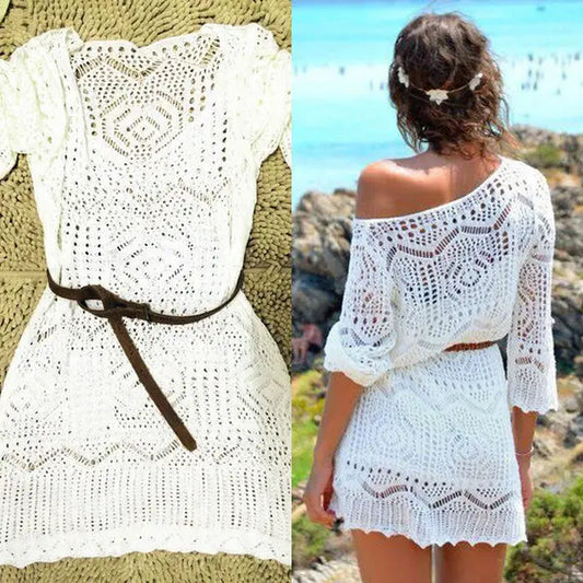 STNCY Alejandra Sexy Lace Crochet Beach Dress Women White See through Swimwear Swimsuit Cover up Mini Dresses
